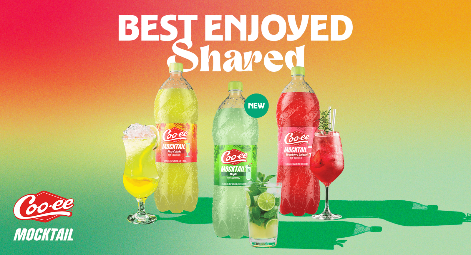 Coo-ee mocktail drinks including pina colada, mojito and strawberry daiquiri flavors best enjoyed shared